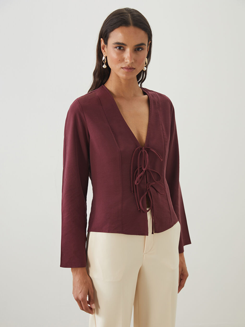 Bordo V Yaka Kadın Bluz