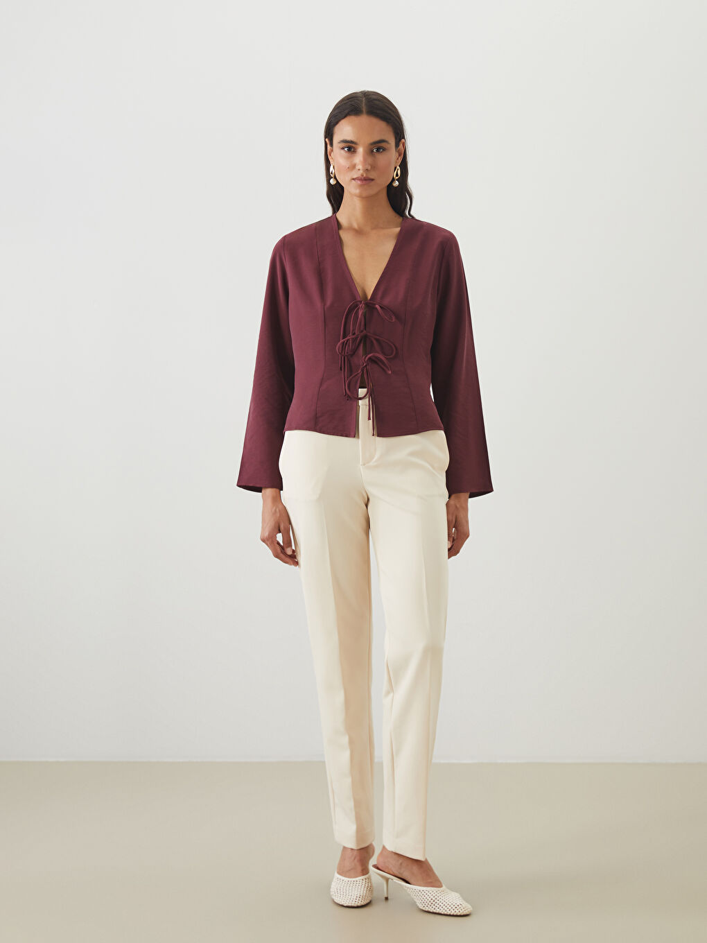 Bordo V Yaka Kadın Bluz-1