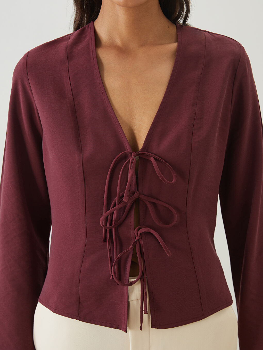 Bordo V Yaka Kadın Bluz-2