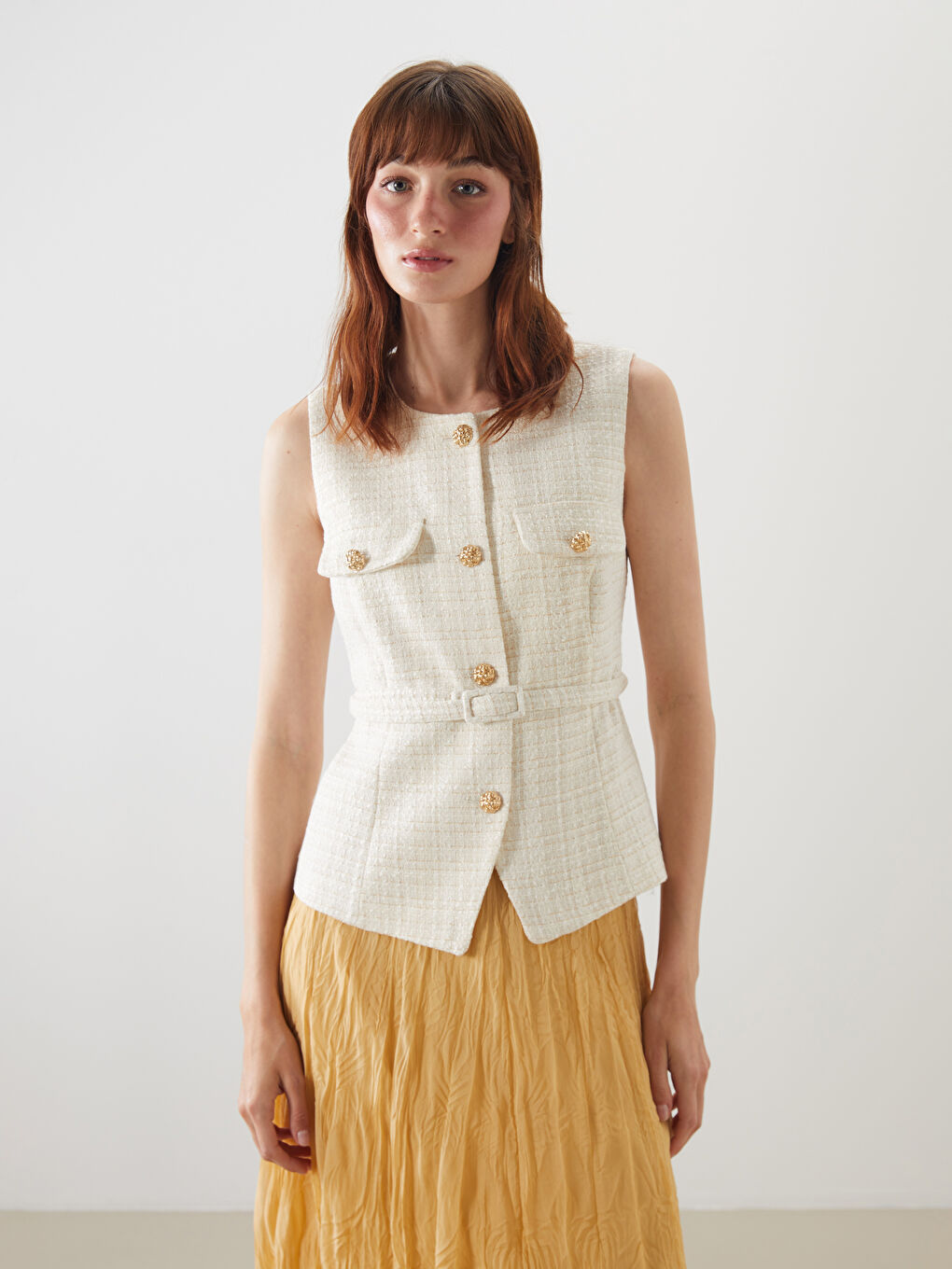 Crew Neck Women's Tweed Waistcoat -S5OL38Z8-FEW