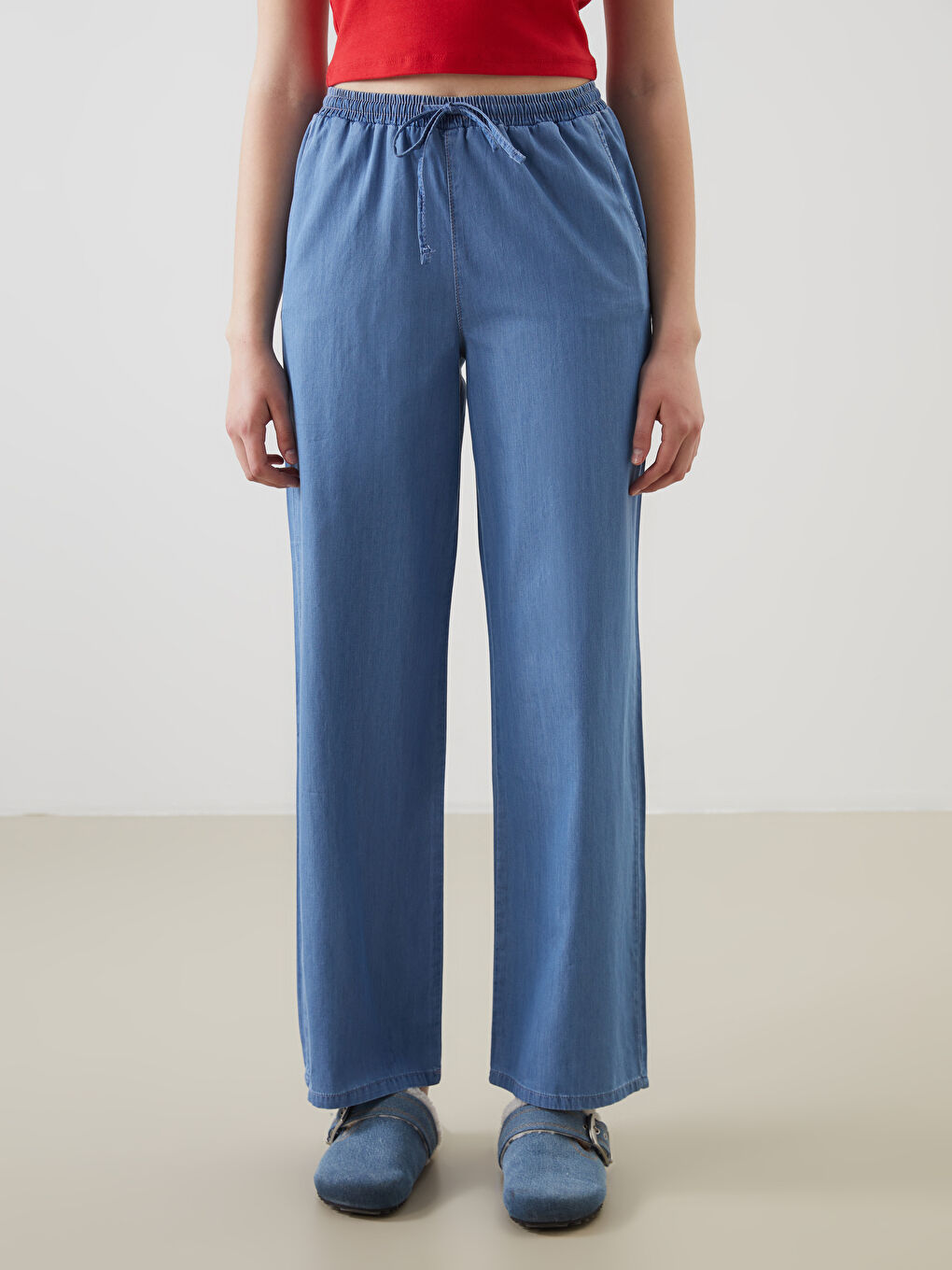 Mavi Beli Lastikli Wideleg Kadın Jean Pantolon-1