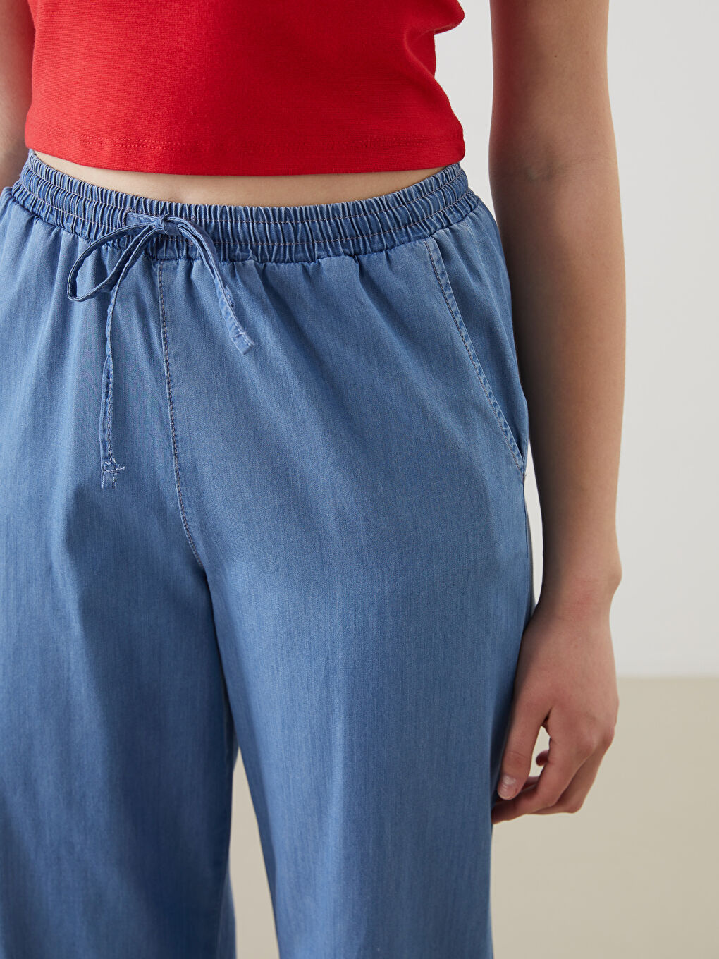 Mavi Beli Lastikli Wideleg Kadın Jean Pantolon-2