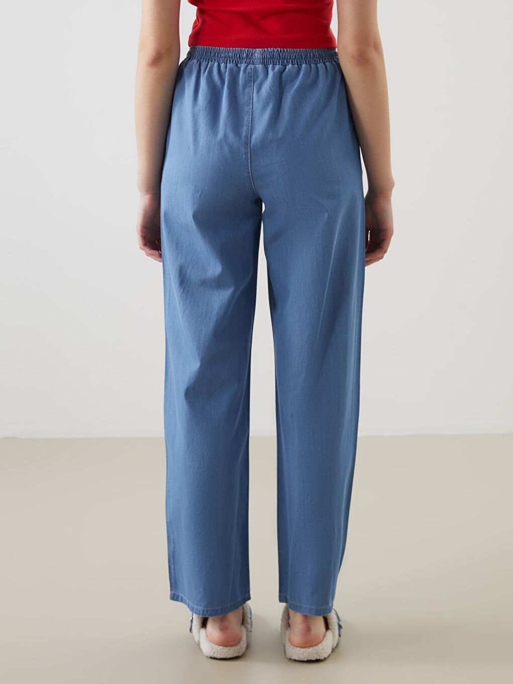 Mavi Beli Lastikli Wideleg Kadın Jean Pantolon-3