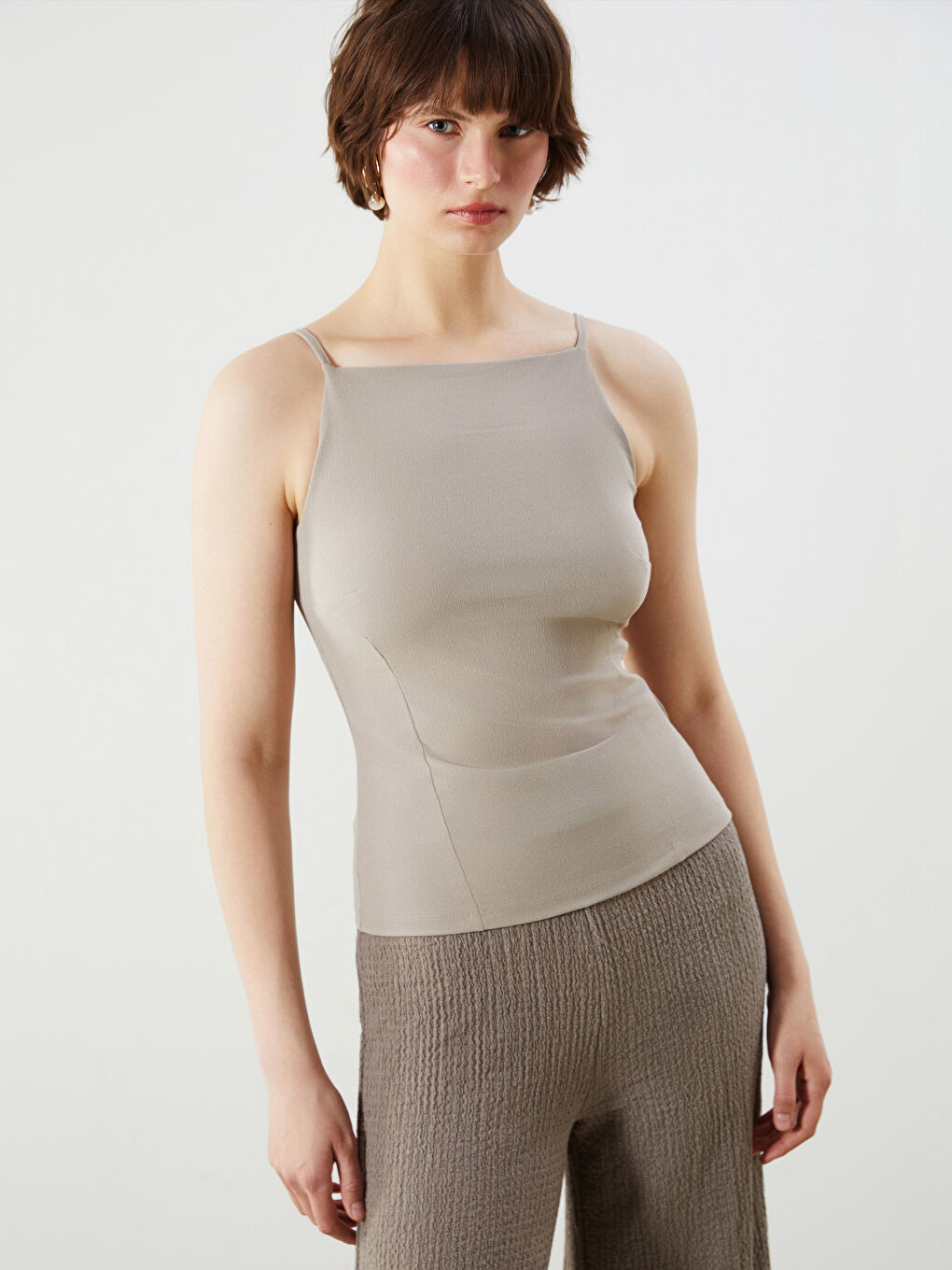 Square Collar Textured Women's Tank Top -S5OM20Z8-GQF