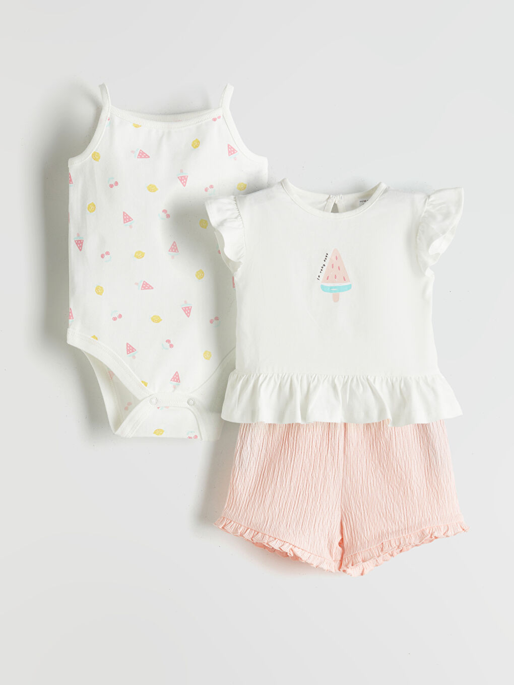 LCW baby Ekru Bisiklet Yaka Basic Kız Bebek Takım 3'lü