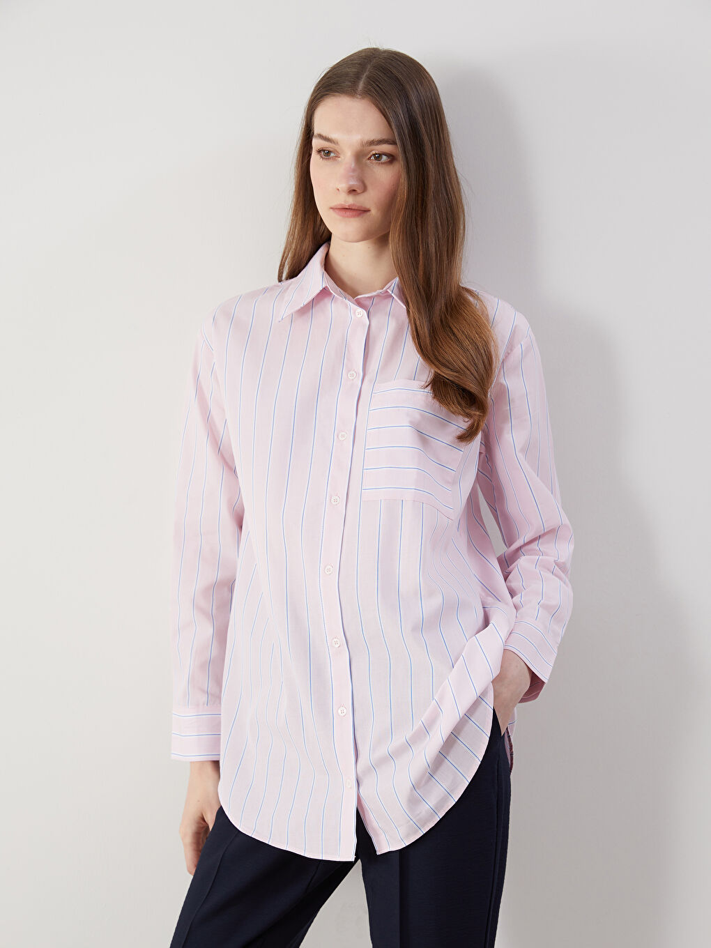 Pembe Çizgili Kadın Gömlek Tunik