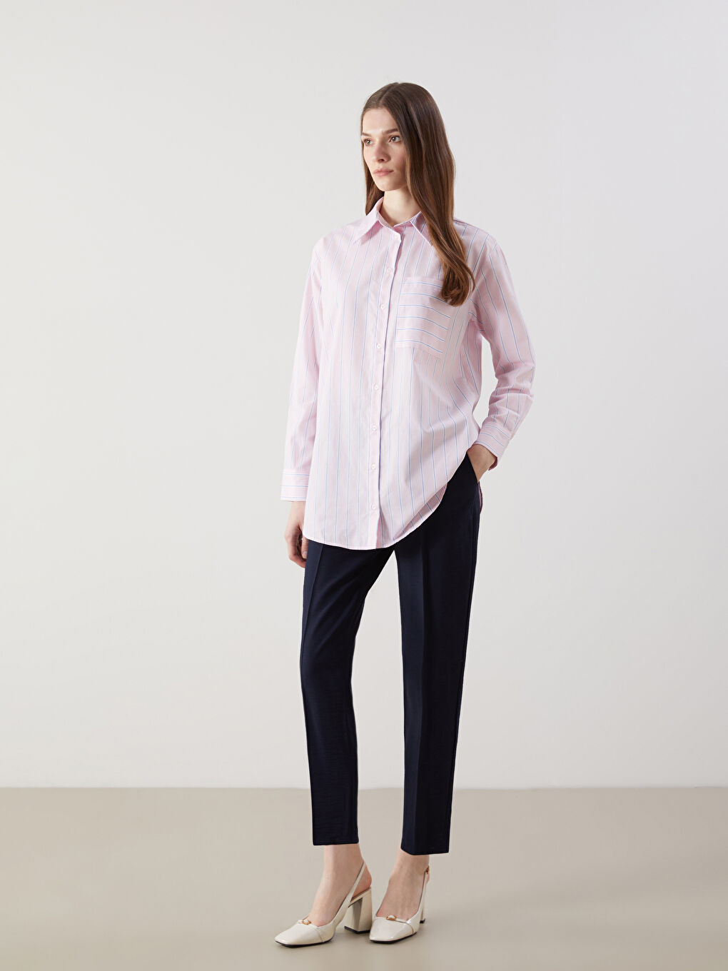 Pembe Çizgili Kadın Gömlek Tunik-1