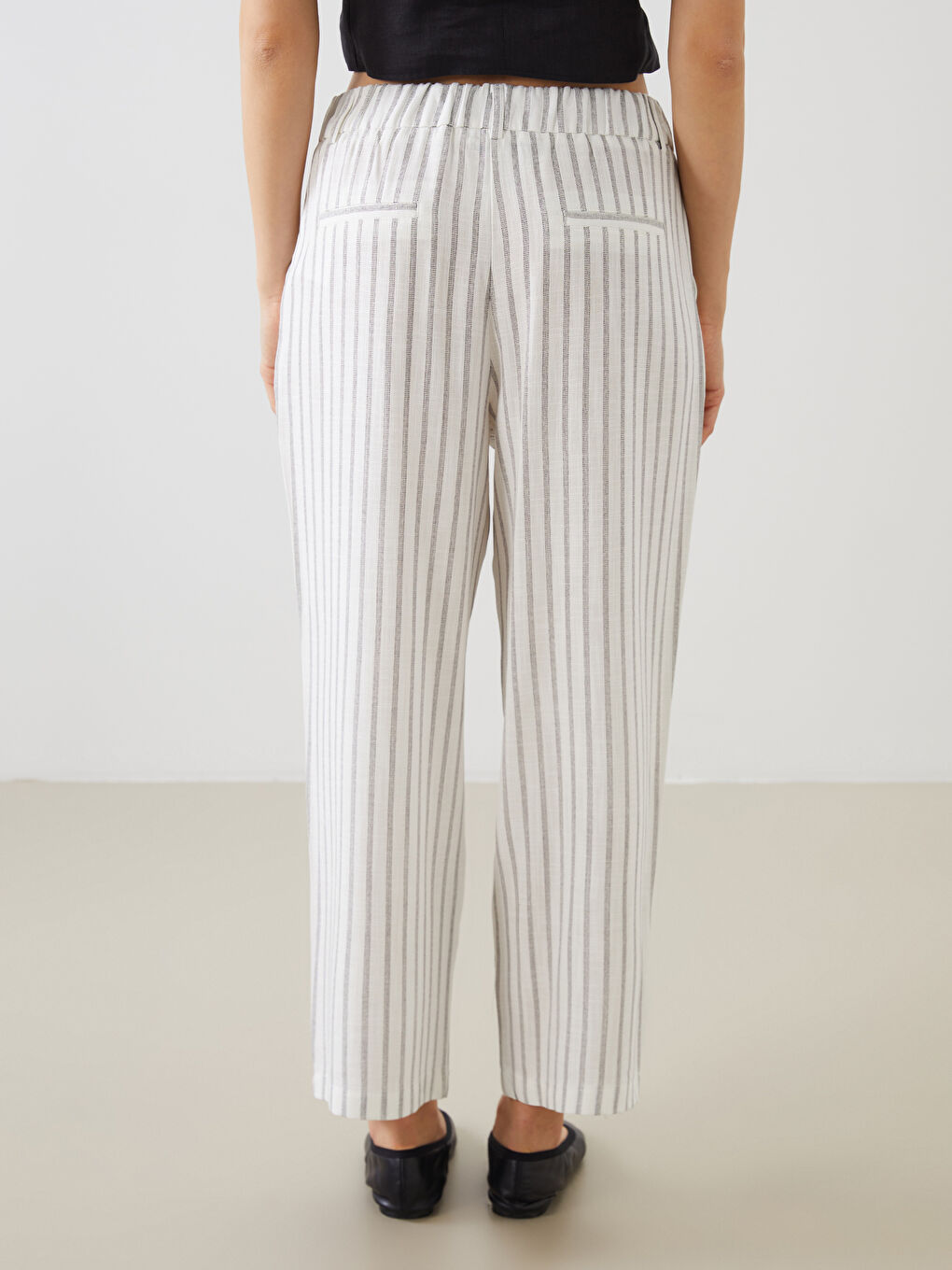 Siyah Beli Lastikli Çizgili Kadın Pantolon-3