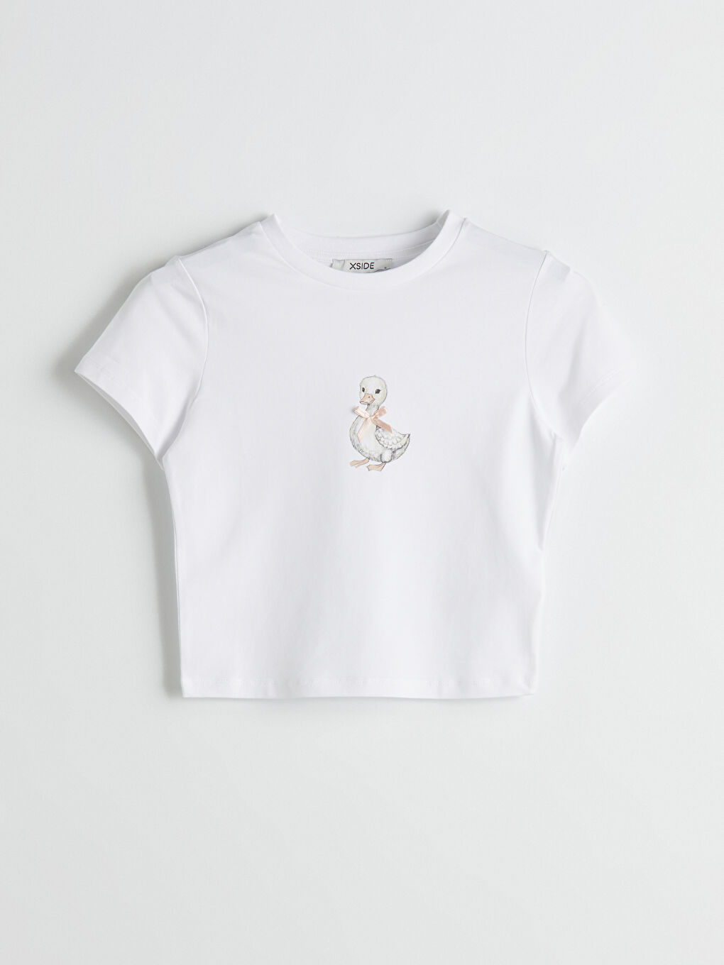Beyaz Bisiklet Yaka Ördek Baskılı Kadın Crop-4