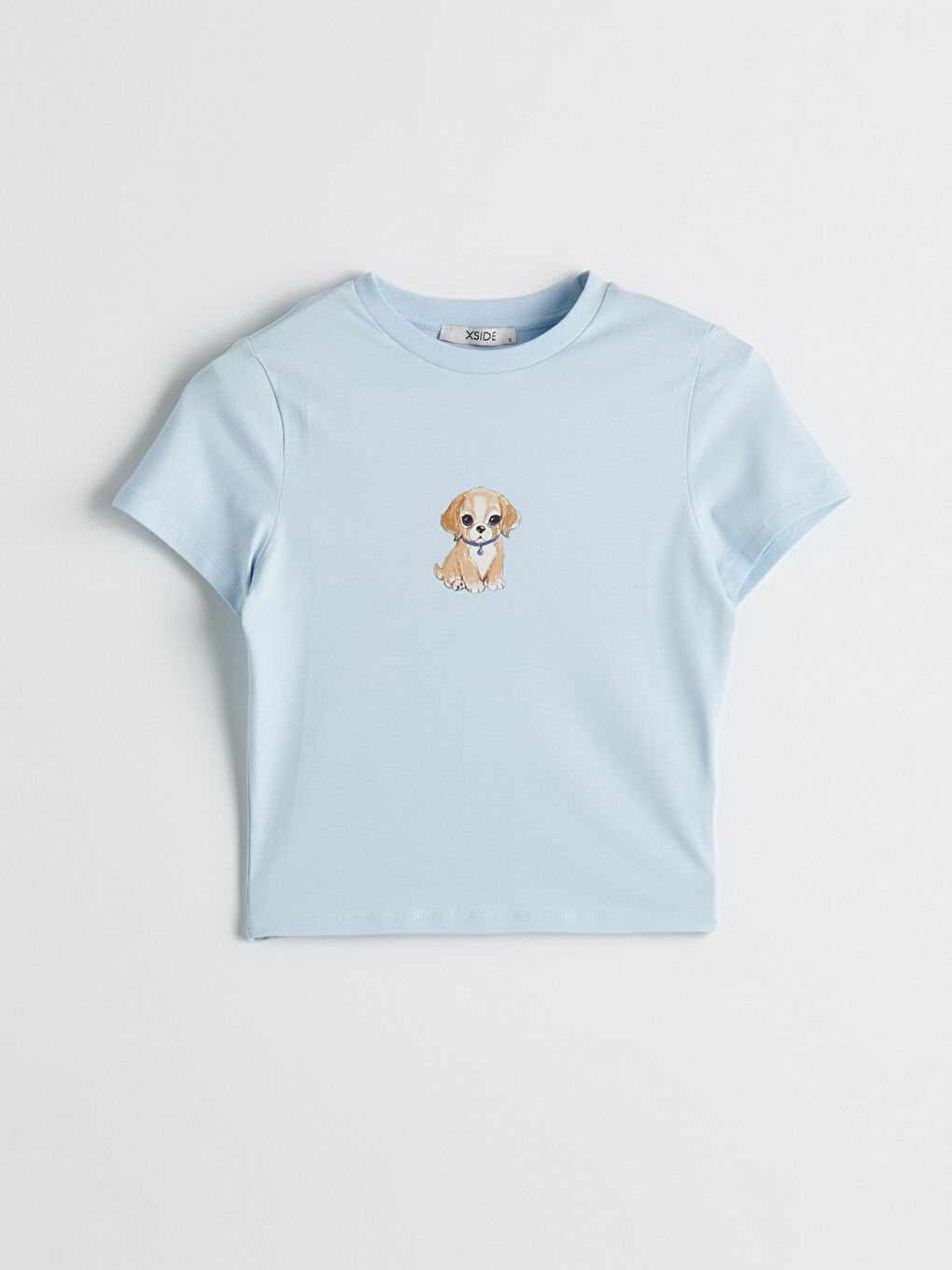 Mavi Bisiklet Yaka Köpek Baskılı Kadın Crop-4