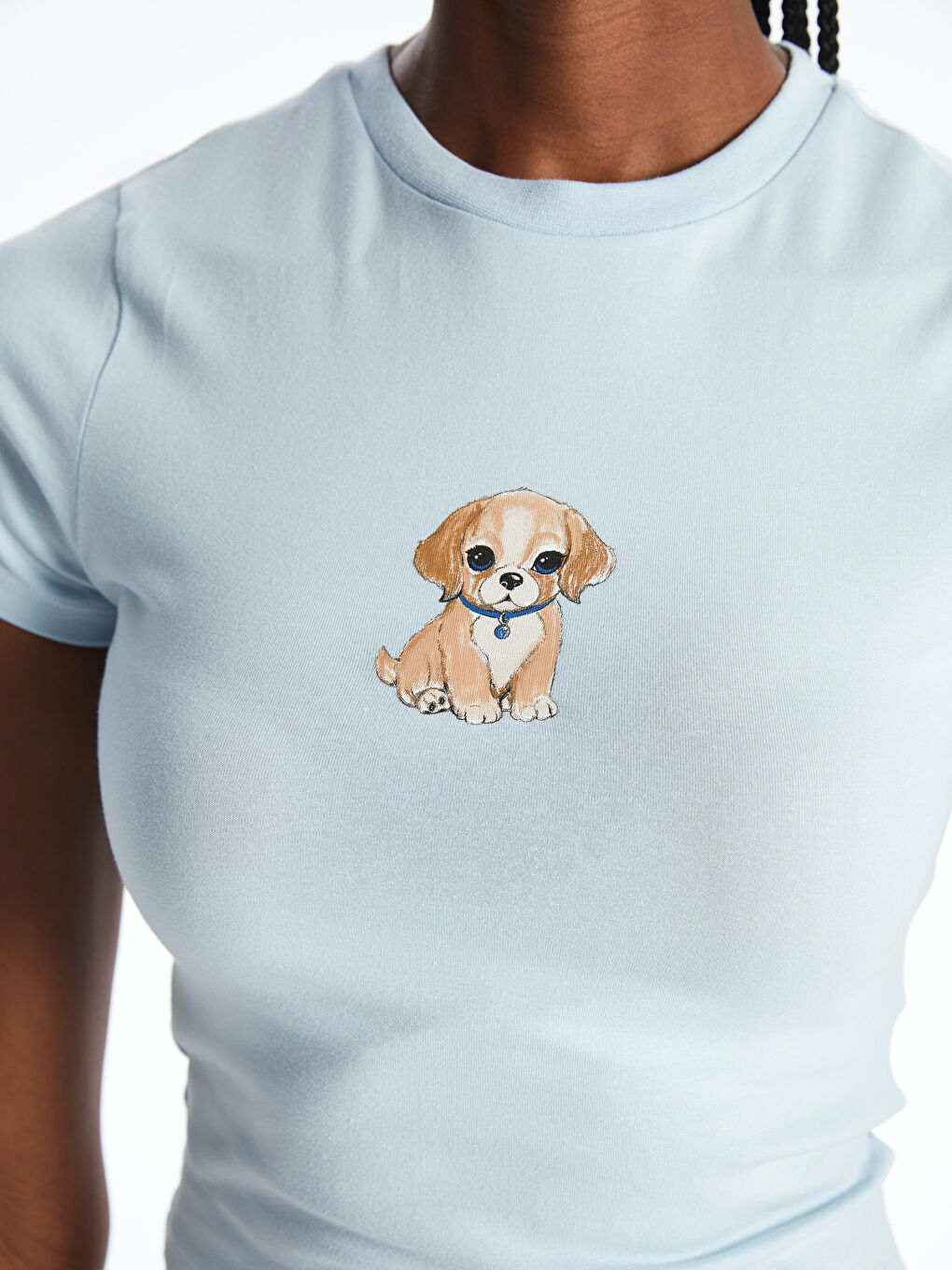 Mavi Bisiklet Yaka Köpek Baskılı Kadın Crop-2