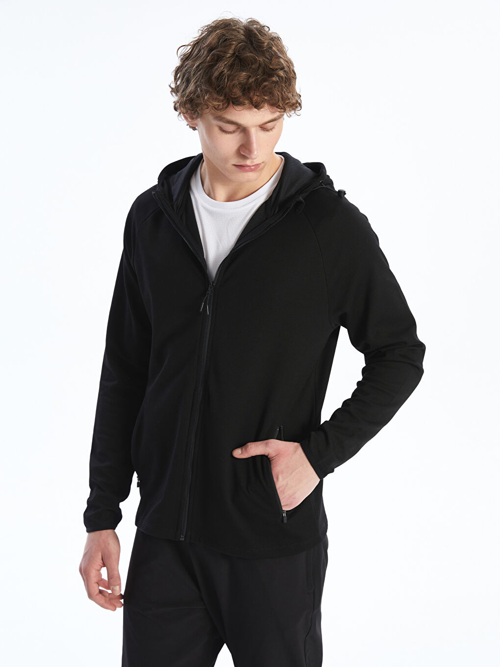 Siyah Kapüşonlu Uzun Kollu Erkek Fermuarlı Sweatshirt