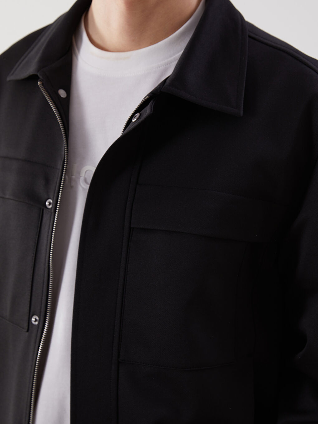 Siyah Rahat Kalıp Gömlek Yaka Erkek Mont-2