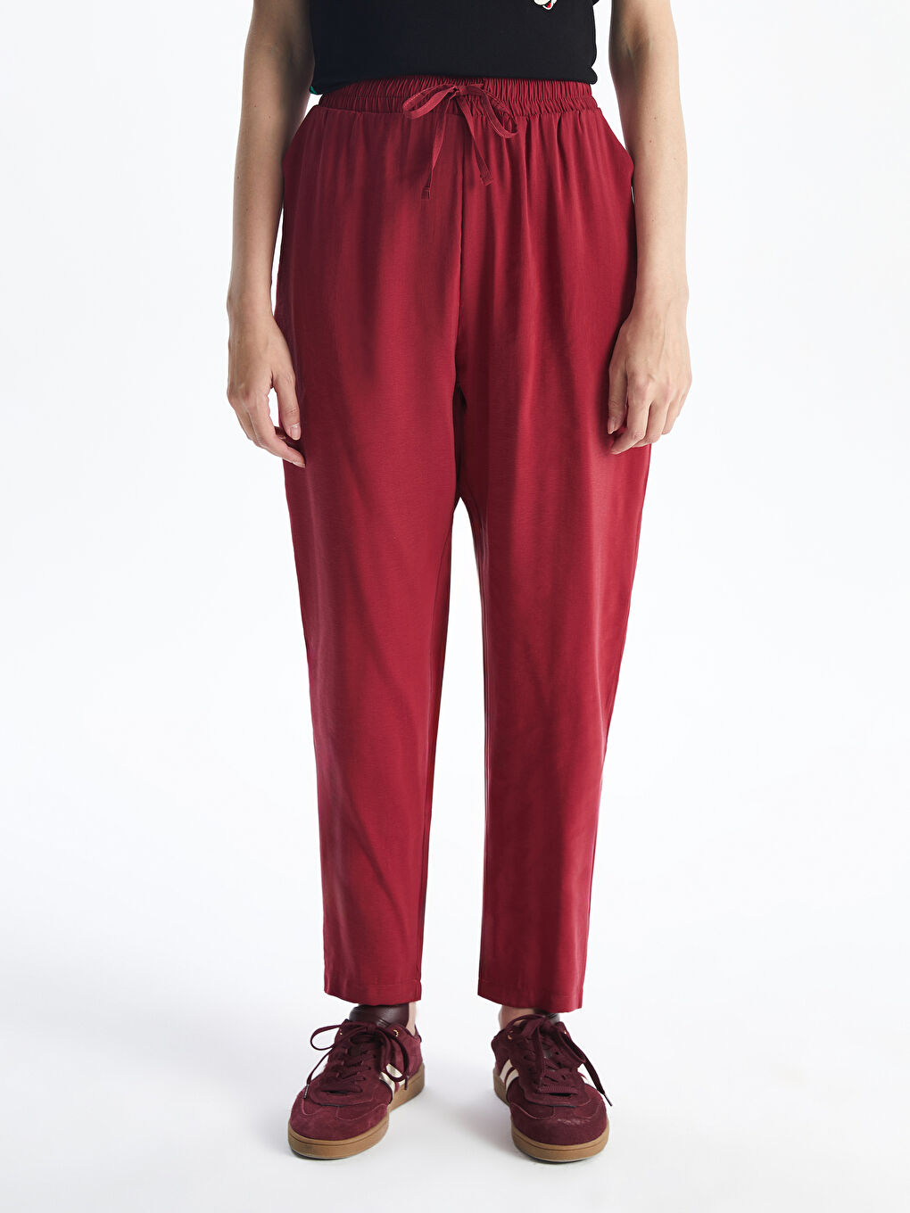 Kırmızı Beli Lastikli Keten Görünümlü Kadın Pantolon-1