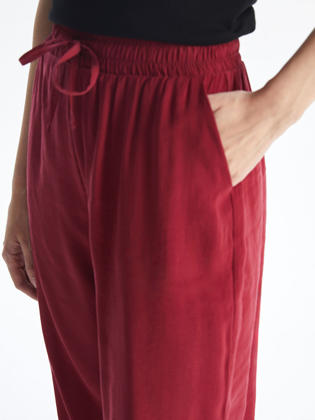 Kırmızı Beli Lastikli Keten Görünümlü Kadın Pantolon-2