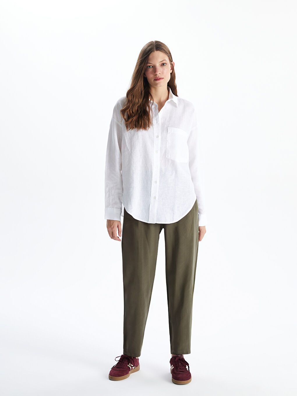 Yeşil Beli Lastikli Keten Görünümlü Kadın Pantolon