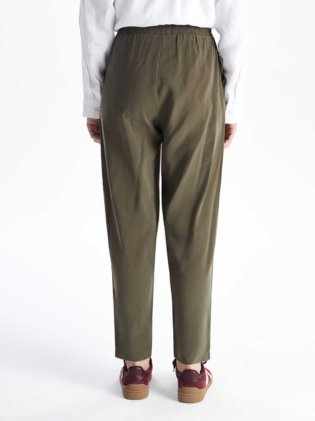 Yeşil Beli Lastikli Keten Görünümlü Kadın Pantolon-2