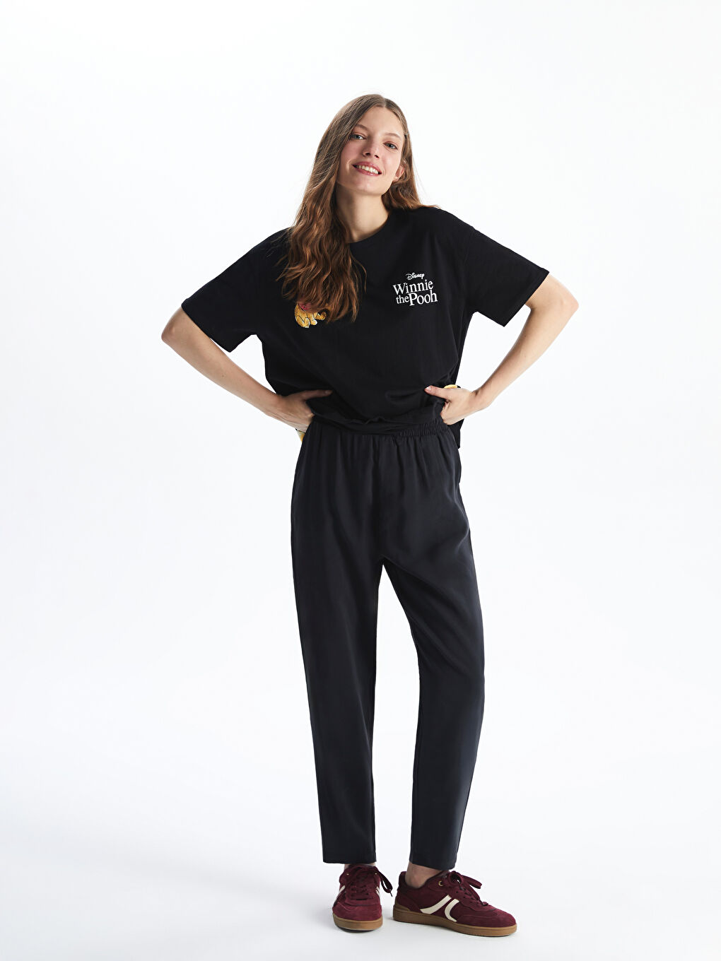 Siyah Beli Lastikli Keten Görünümlü Kadın Pantolon