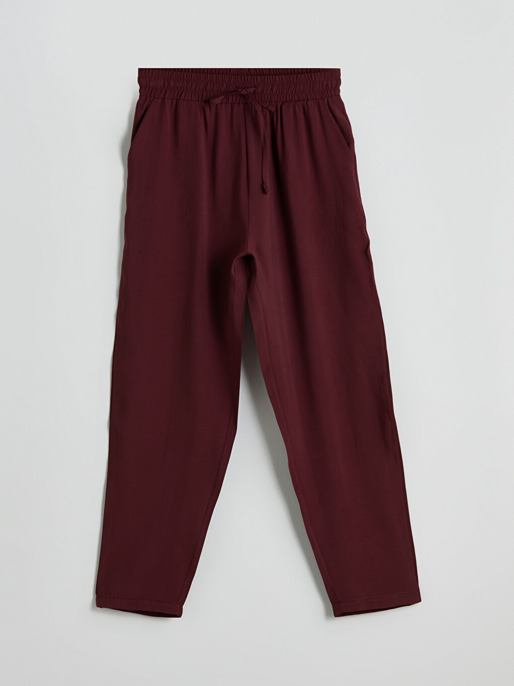 Bordo Beli Lastikli Keten Görünümlü Kadın Pantolon-4