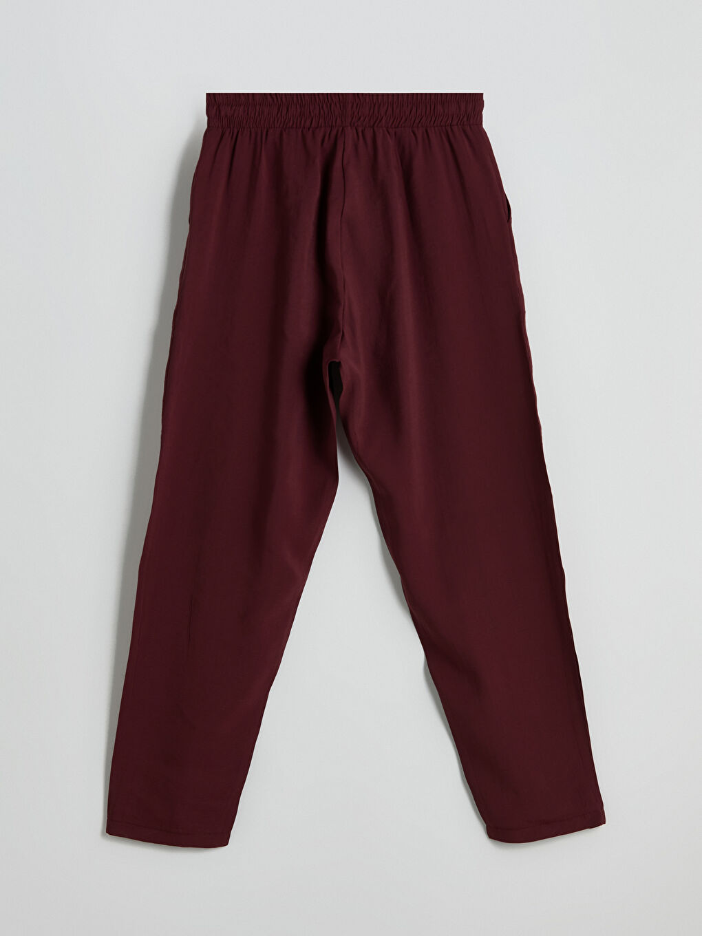 Bordo Beli Lastikli Keten Görünümlü Kadın Pantolon-5