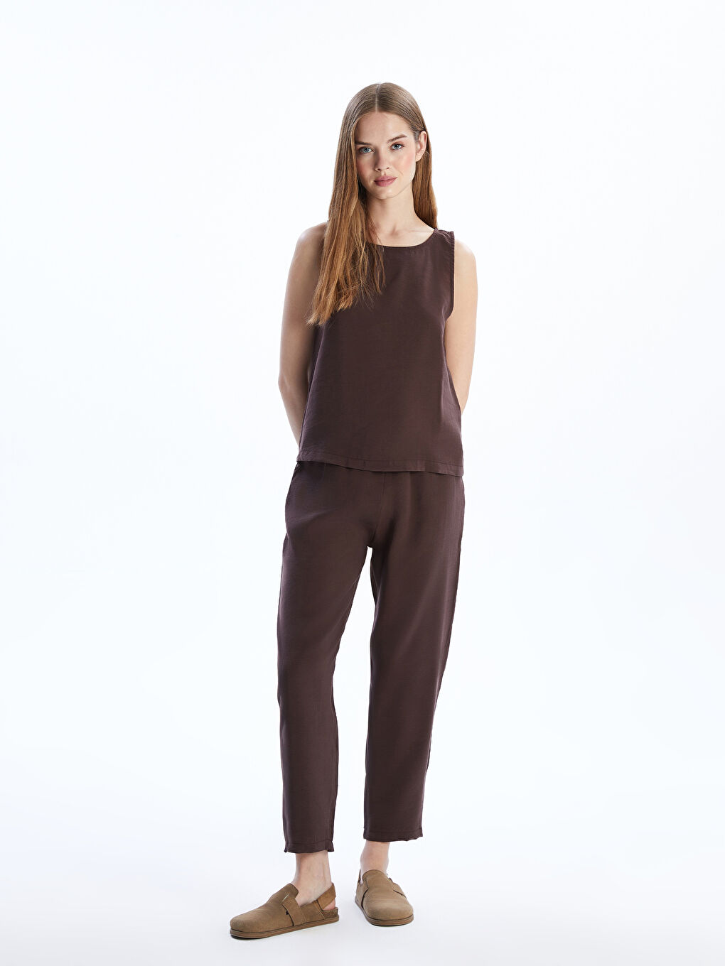 Kahverengi Beli Lastikli Keten Görünümlü Kadın Pantolon