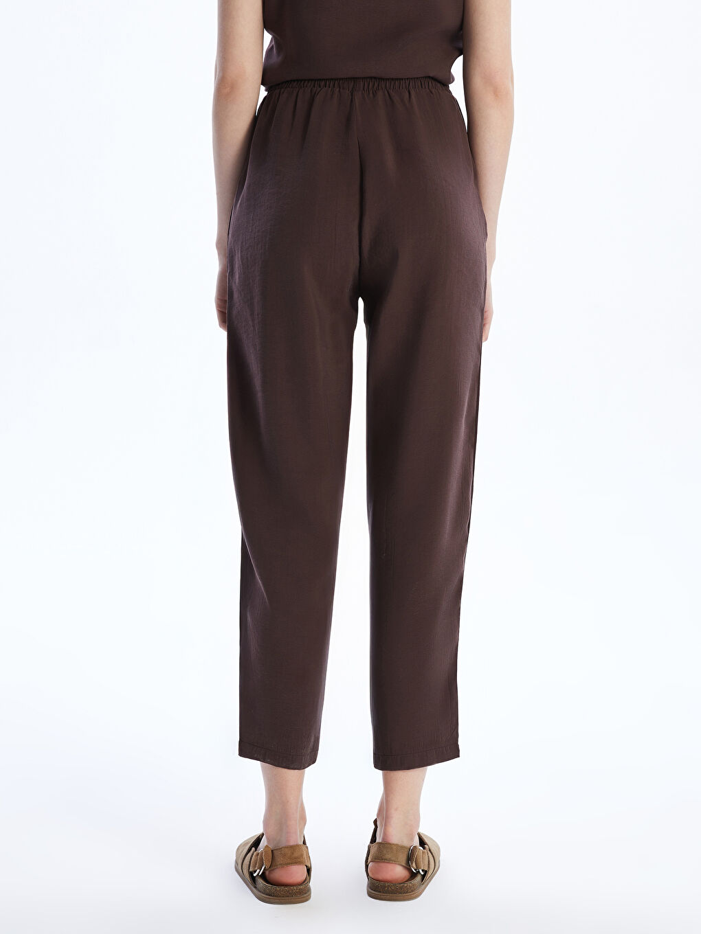 Kahverengi Beli Lastikli Keten Görünümlü Kadın Pantolon-3