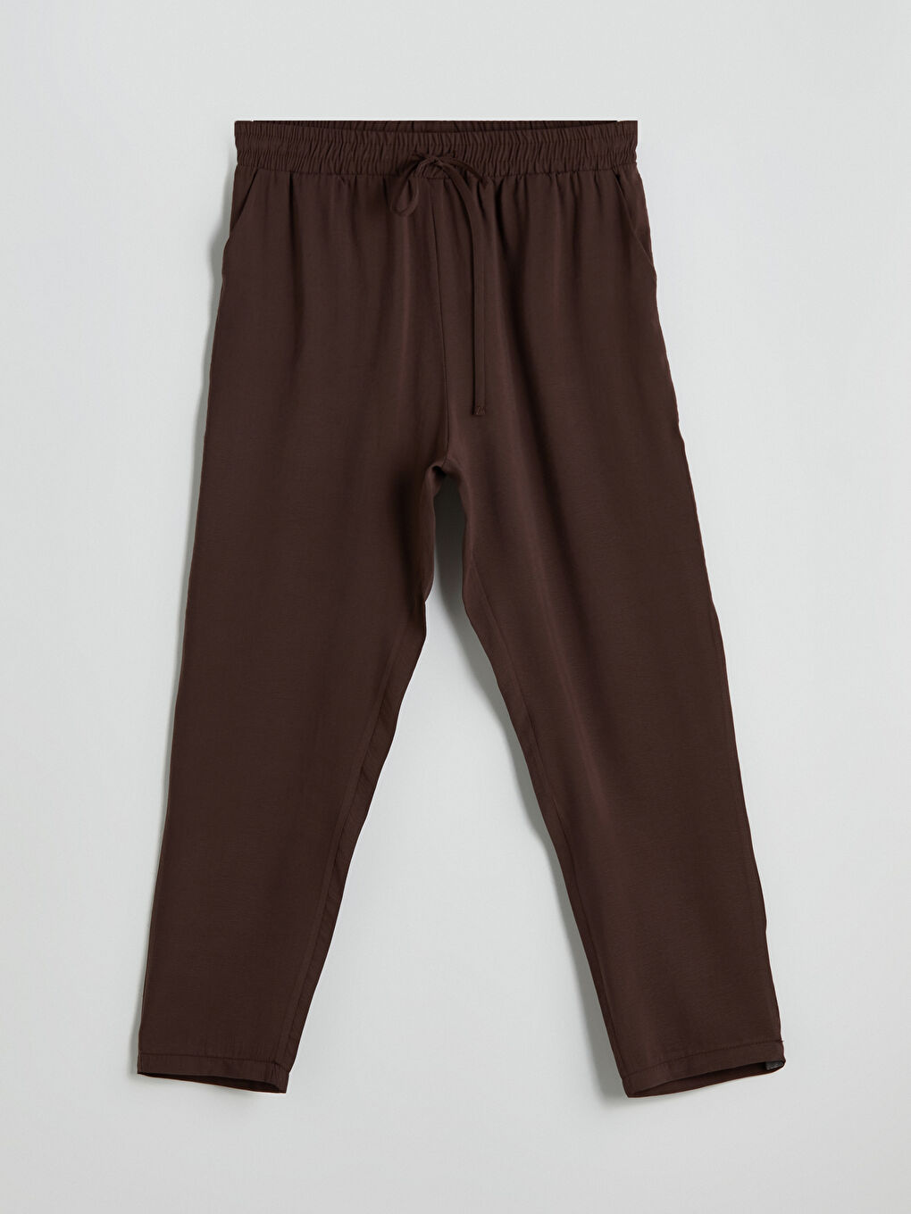 Kahverengi Beli Lastikli Keten Görünümlü Kadın Pantolon-4