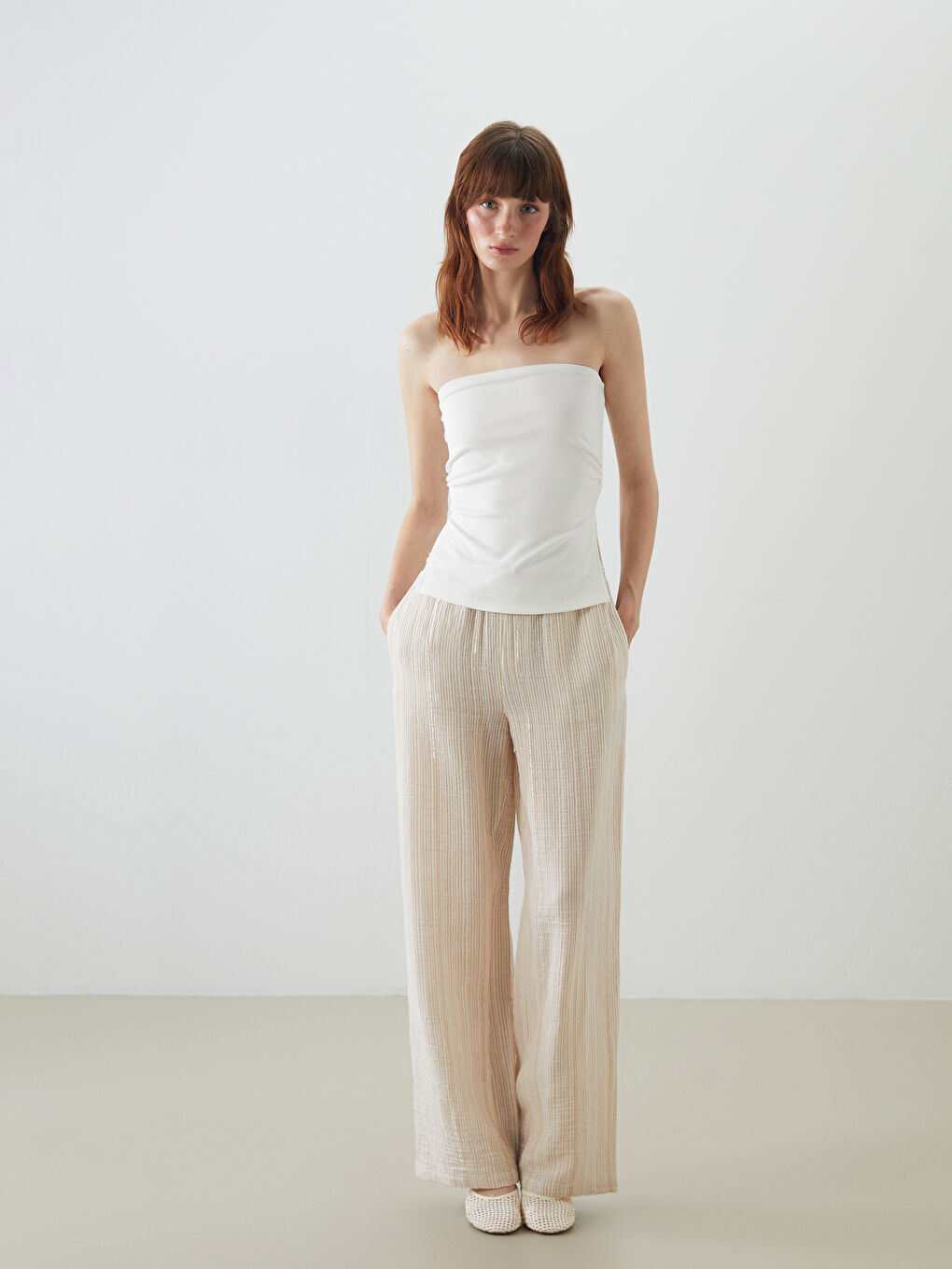 Elasticated Waist Striped Muslin Women's Trousers -S5OO60Z8-LE8
