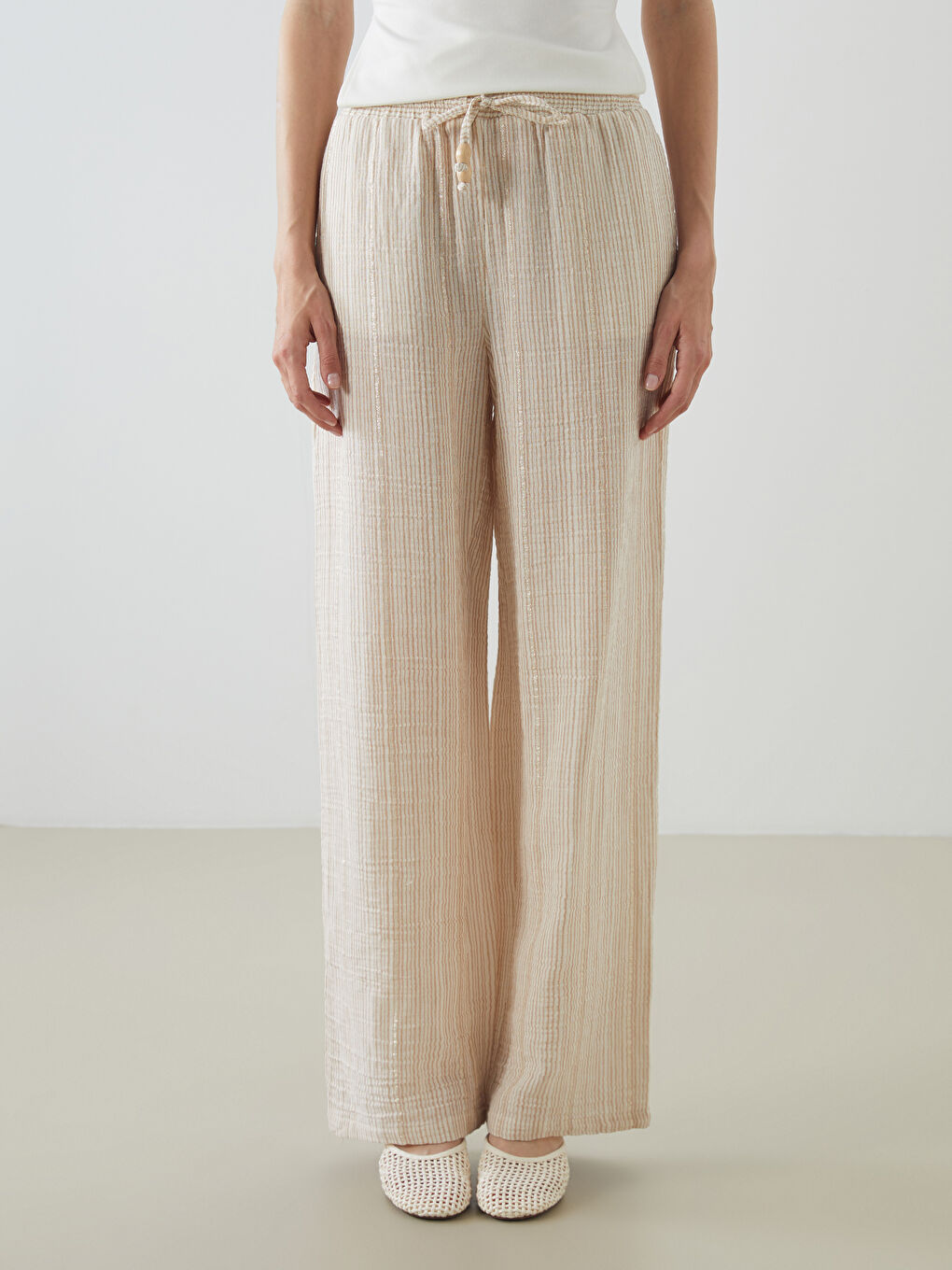 Elasticated Waist Striped Muslin Women's Trousers -S5OO60Z8-LE8