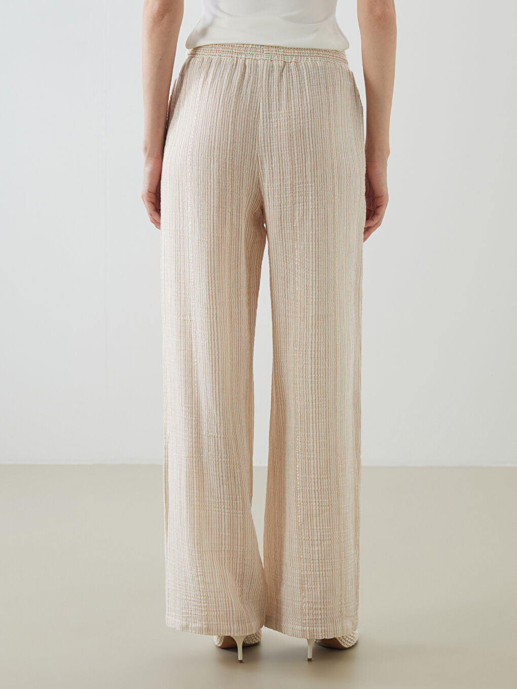 Elasticated Waist Striped Muslin Women's Trousers -S5OO60Z8-LE8