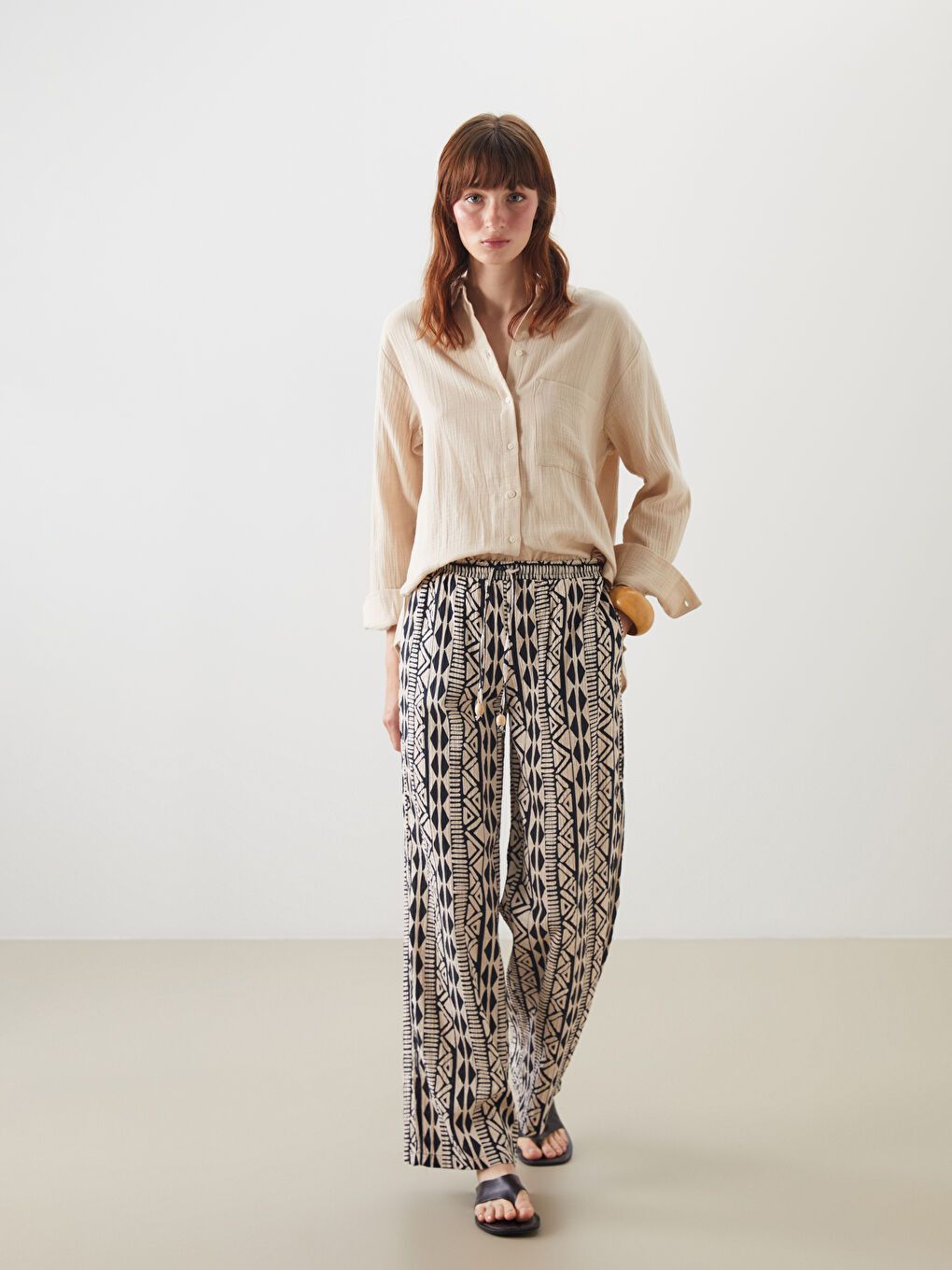 Elasticated Waist Patterned Muslin Women's Trousers -S5OO61Z8-LQJ