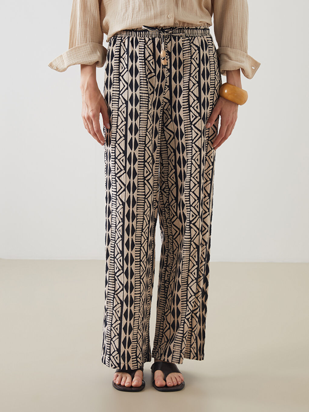 Elasticated Waist Patterned Muslin Women's Trousers -S5OO61Z8-LQJ