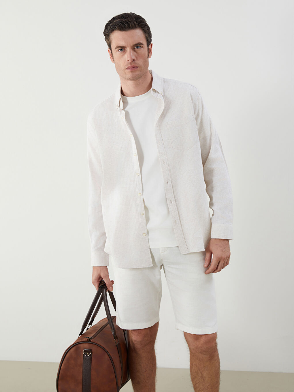 Regular Fit Long Sleeve Linen Blend Men's Shirt -S5OO70Z8-QSC