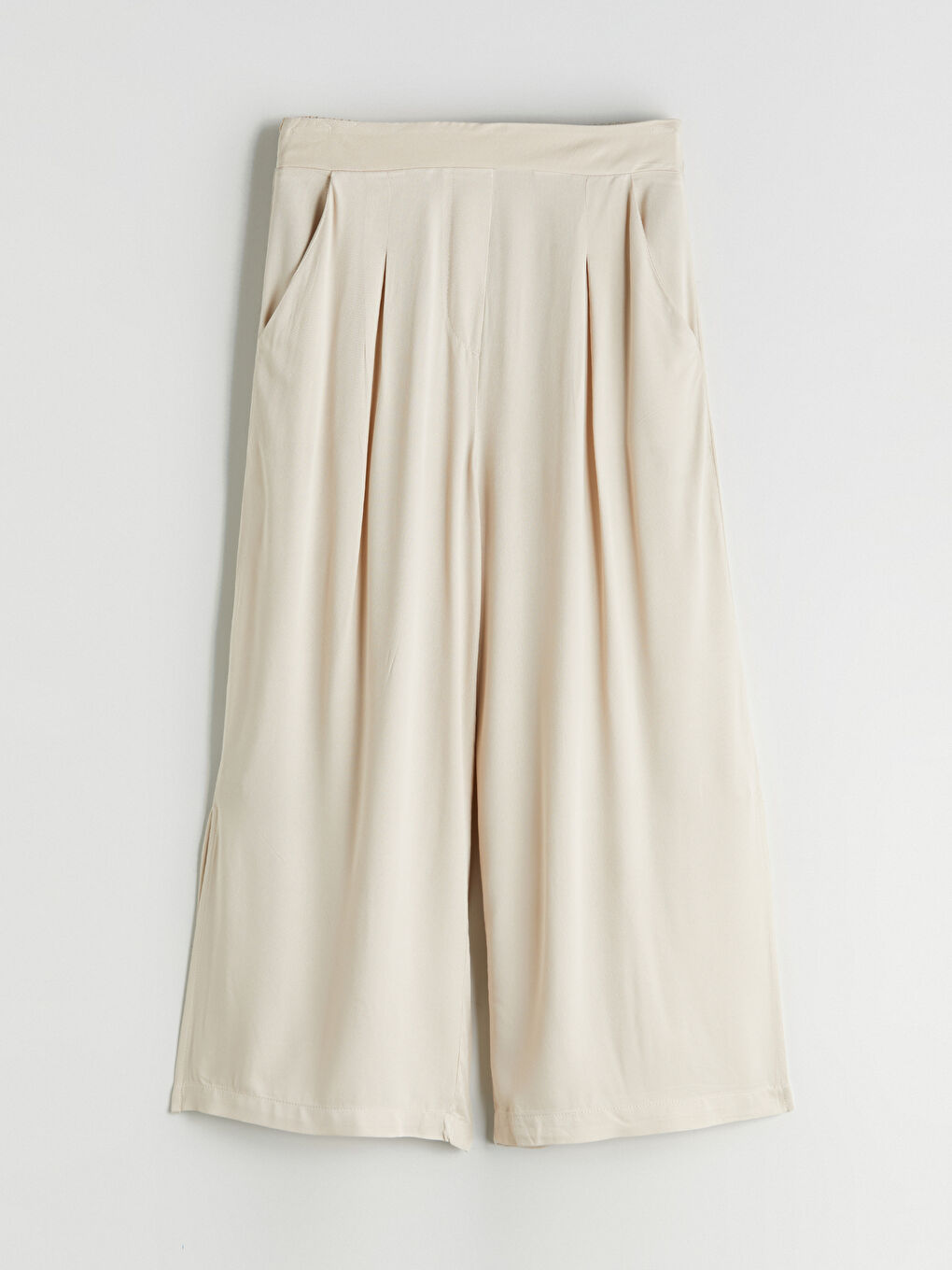 Bej Beli Lastikli Keten Karışımlı Kadın Pantolon-4