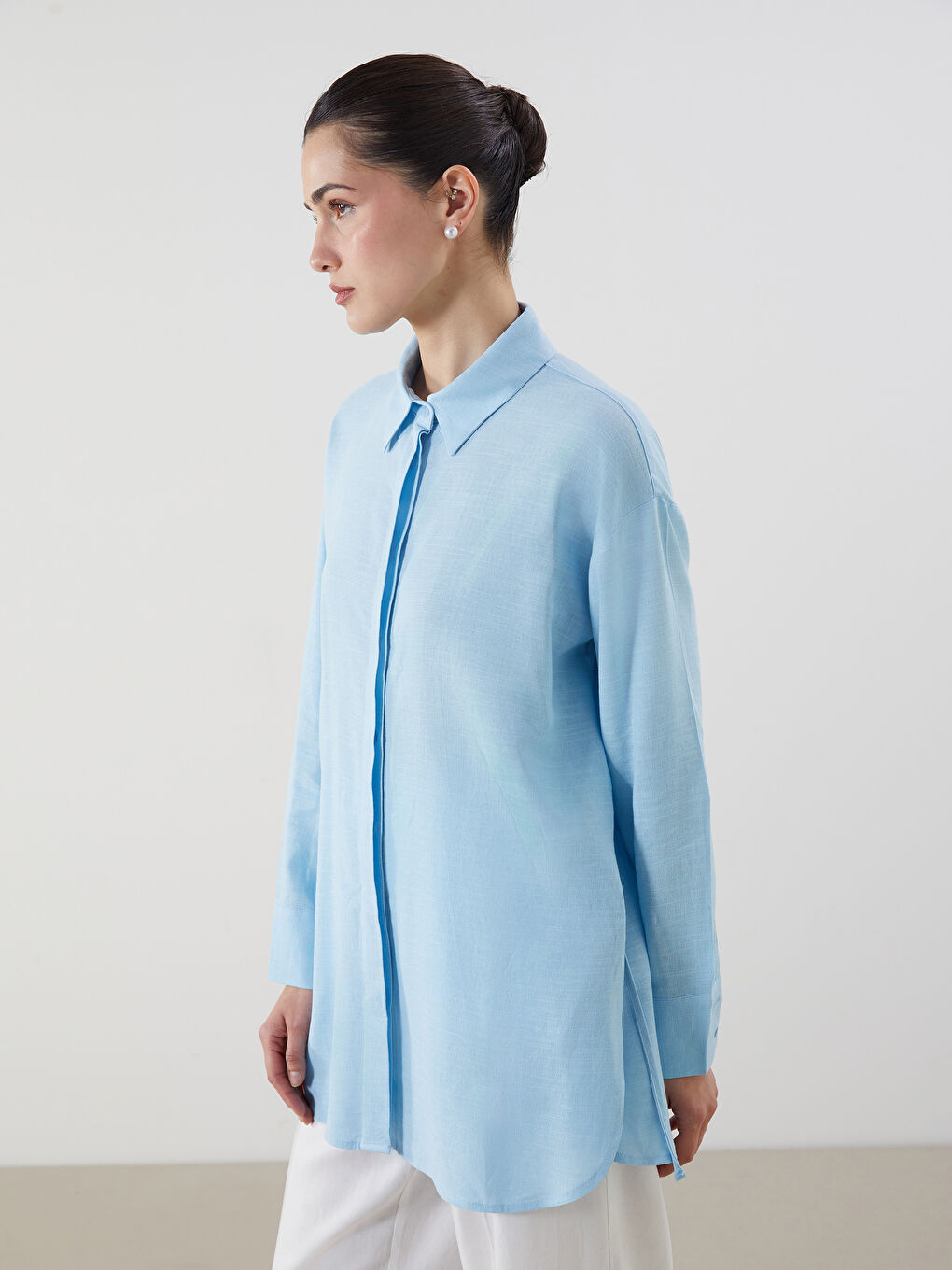 Mavi Keten Karışımlı Kadın Gömlek Tunik
