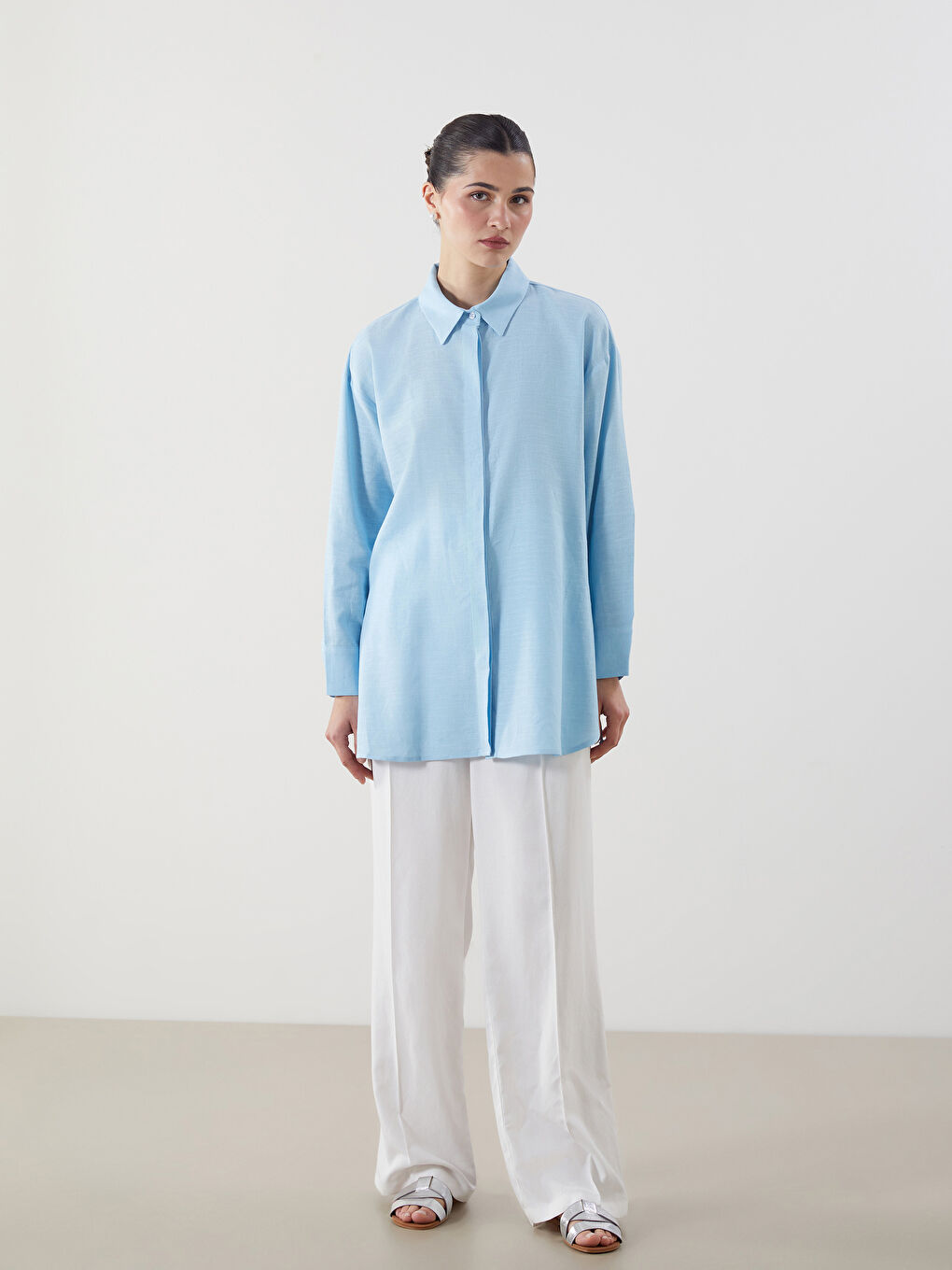 Mavi Keten Karışımlı Kadın Gömlek Tunik-1