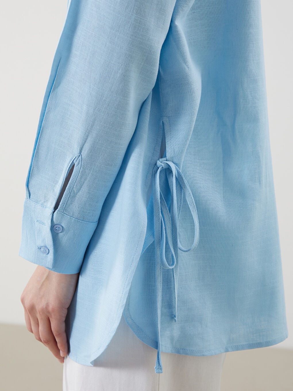 Mavi Keten Karışımlı Kadın Gömlek Tunik-2