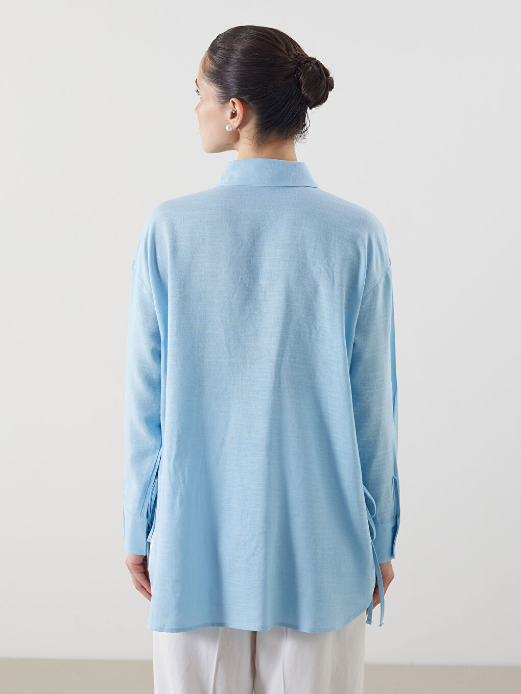Mavi Keten Karışımlı Kadın Gömlek Tunik-3