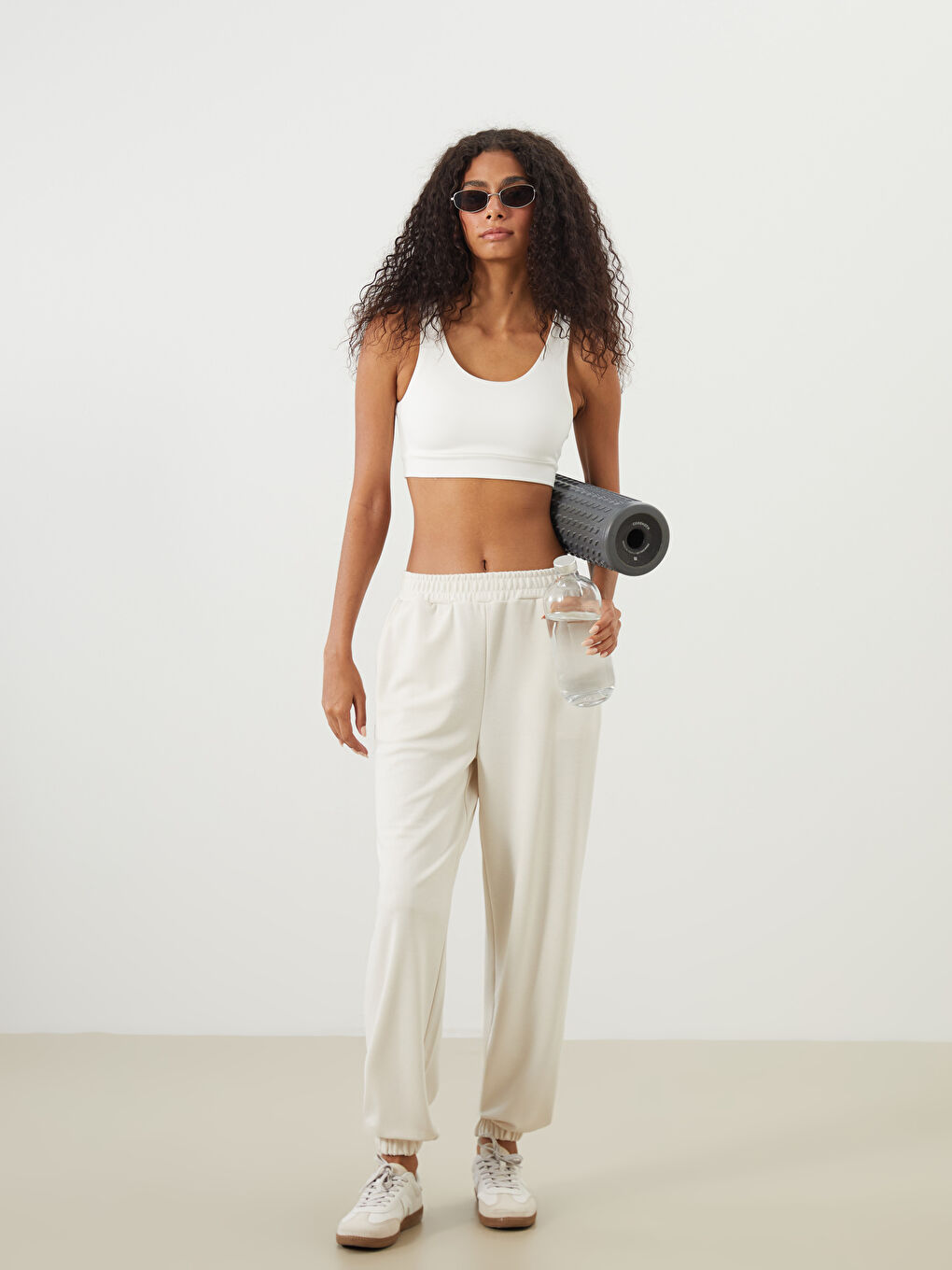 Bej Beli Lastikli Kadın Jogger Eşofman Altı