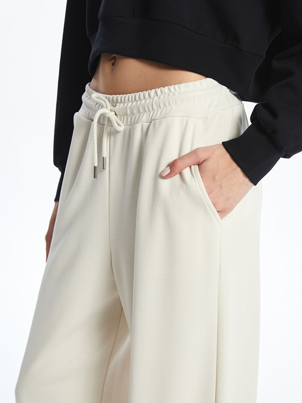 Bej Beli Lastikli Kadın Spor Eşofman Altı-2