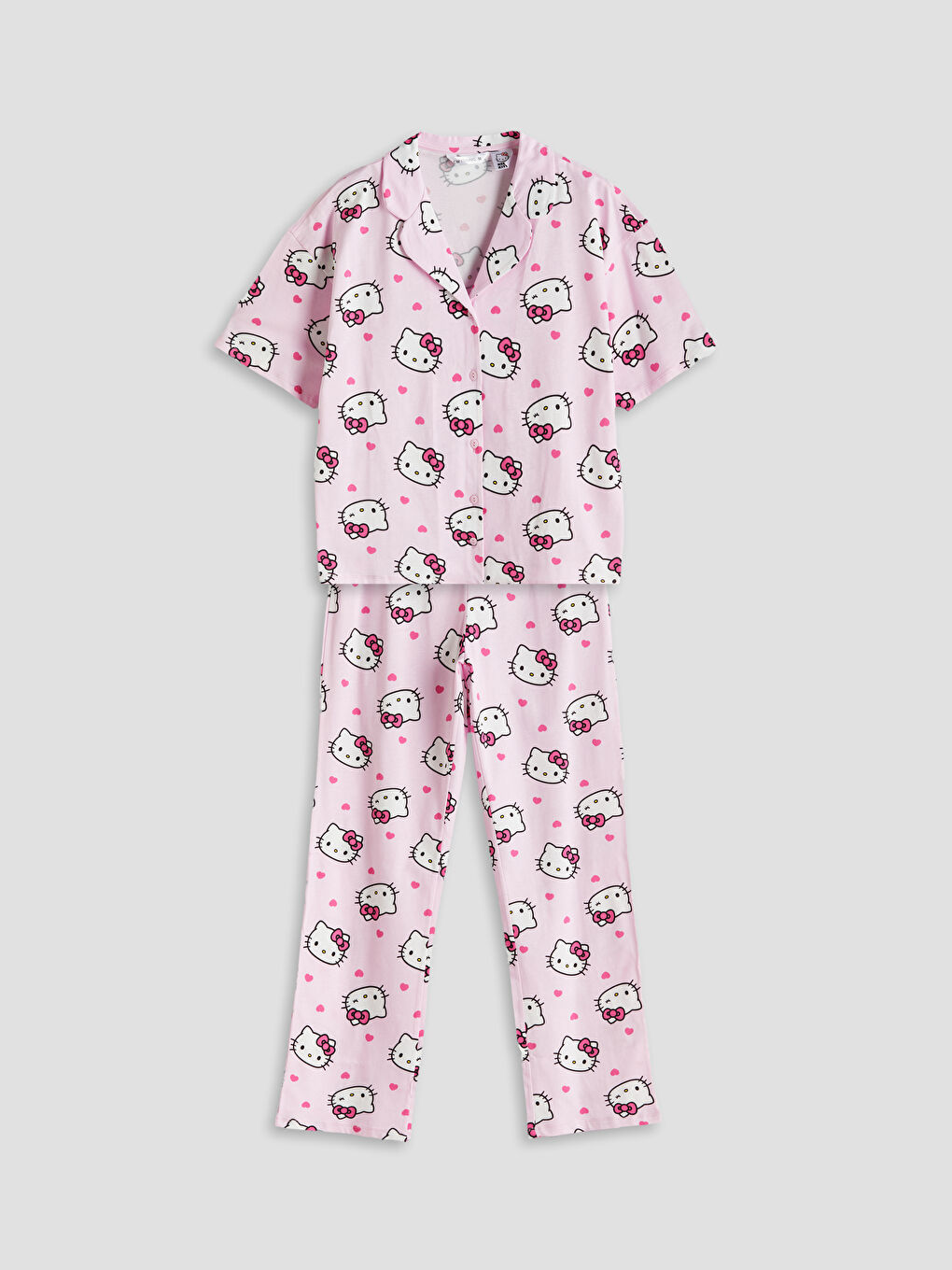 Collared Neck Hello Kitty Printed Women's Pyjama Set -S5OQ53Z8-LT4