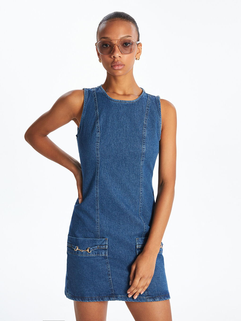 LCW Vision Crew Neck Mini Denim Dress -S5OQ64Z8-311