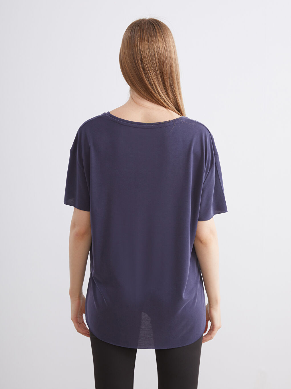 Lacivert Bisiklet Yaka Modal Karışımlı Kadın Spor Tişört-2