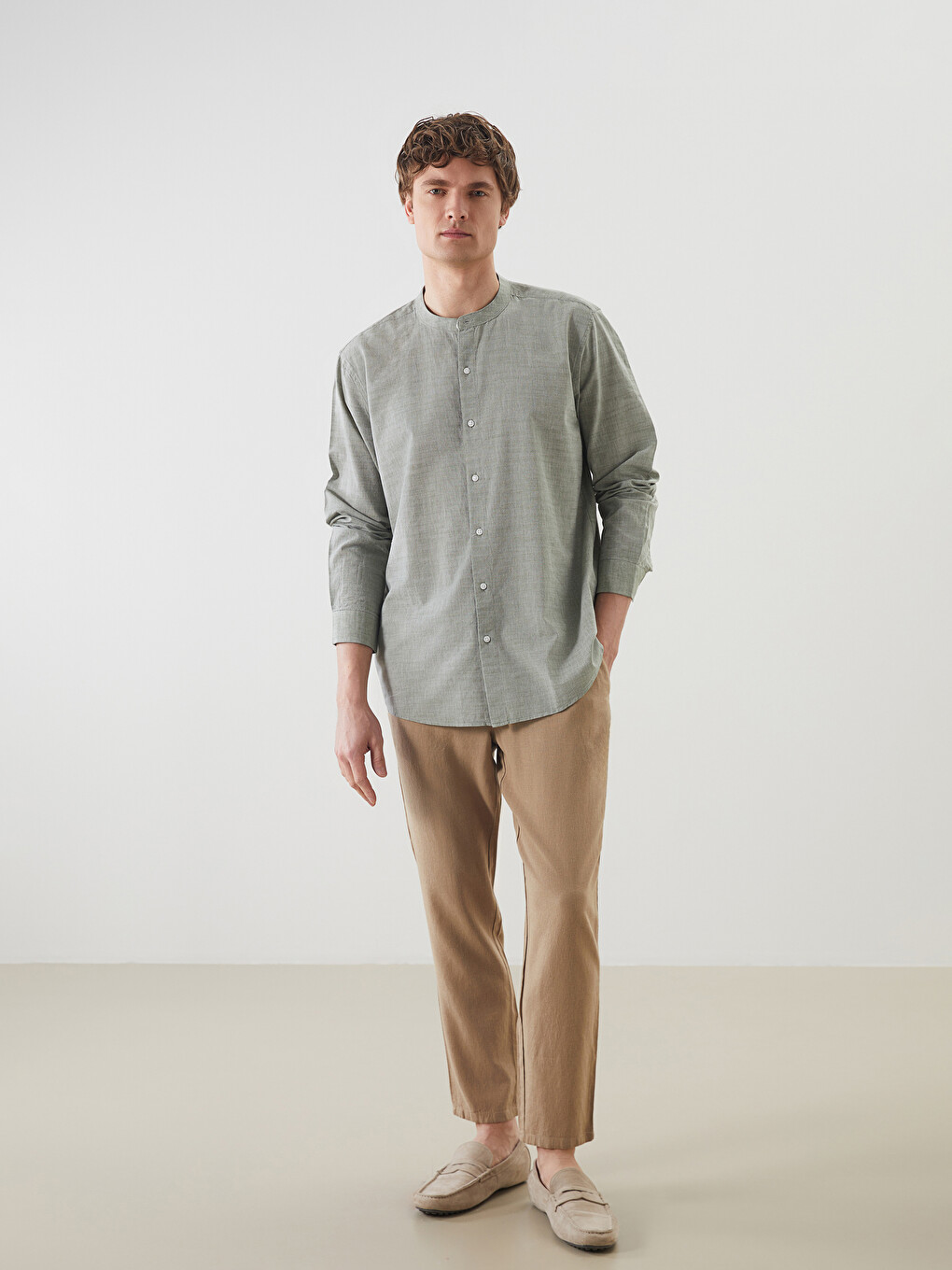 Yeşil Regular Fit Uzun Kollu Poplin Erkek Gömlek-1
