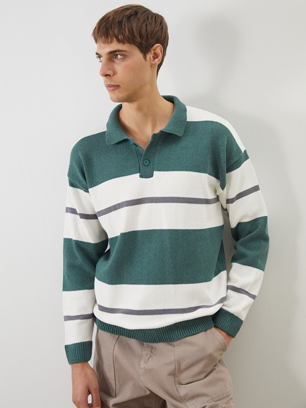 Yeşil Polo Yaka Çizgili Erkek Triko Kazak