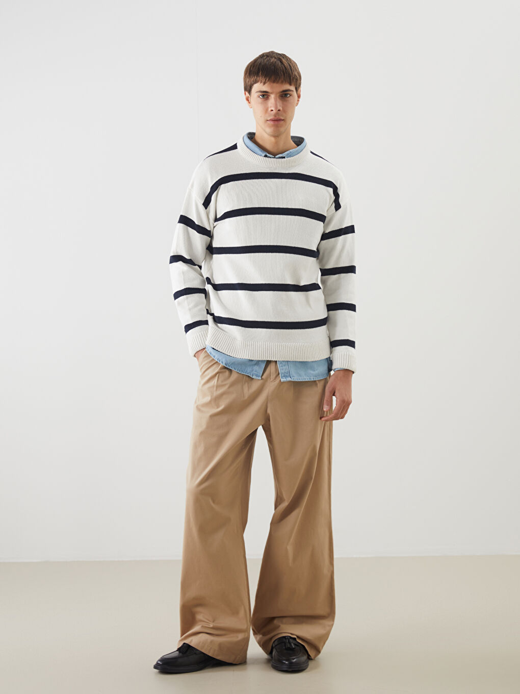 Ekru Bisiklet Yaka Çizgili Erkek Triko Kazak-1