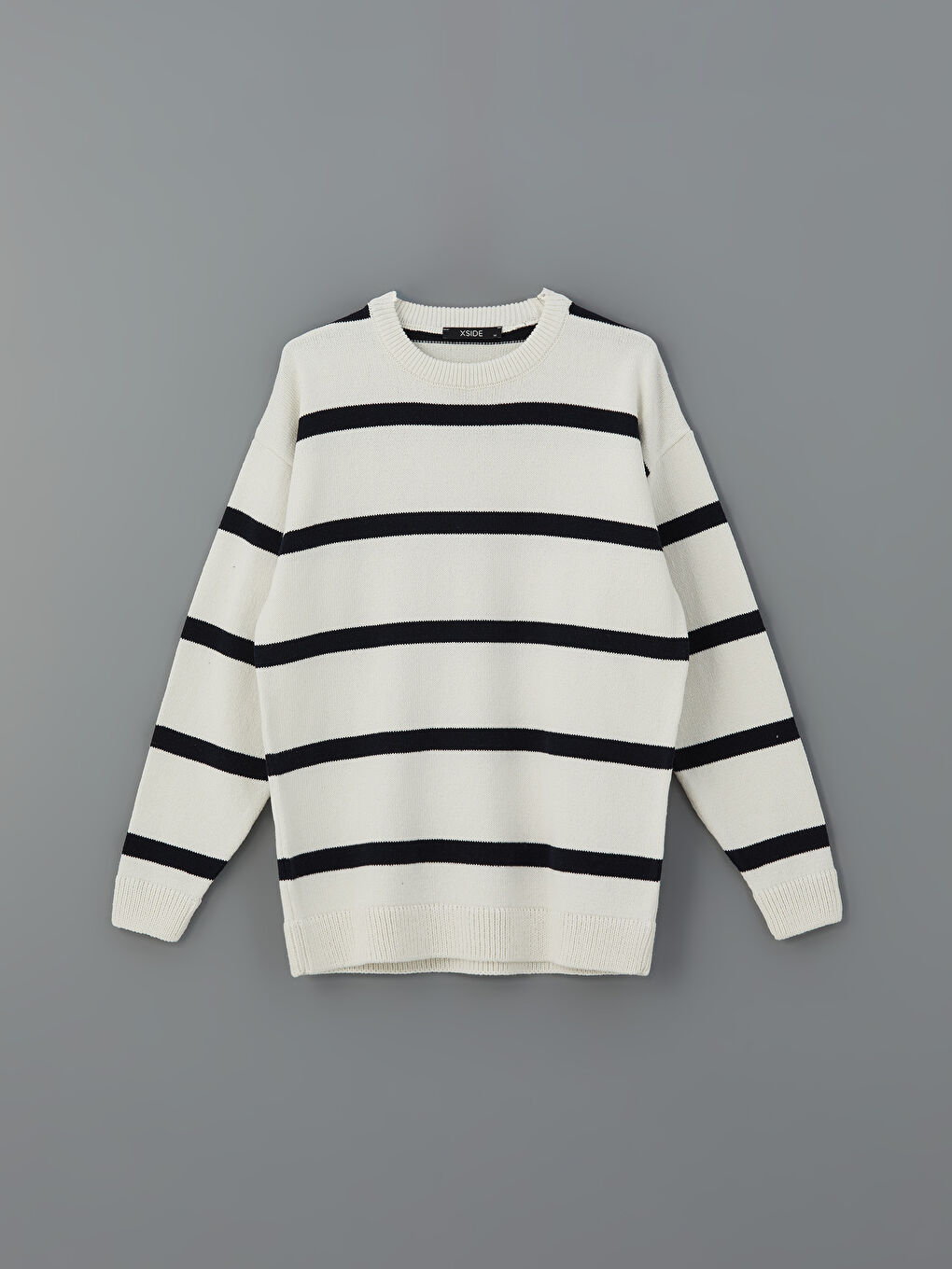 Ekru Bisiklet Yaka Çizgili Erkek Triko Kazak-4