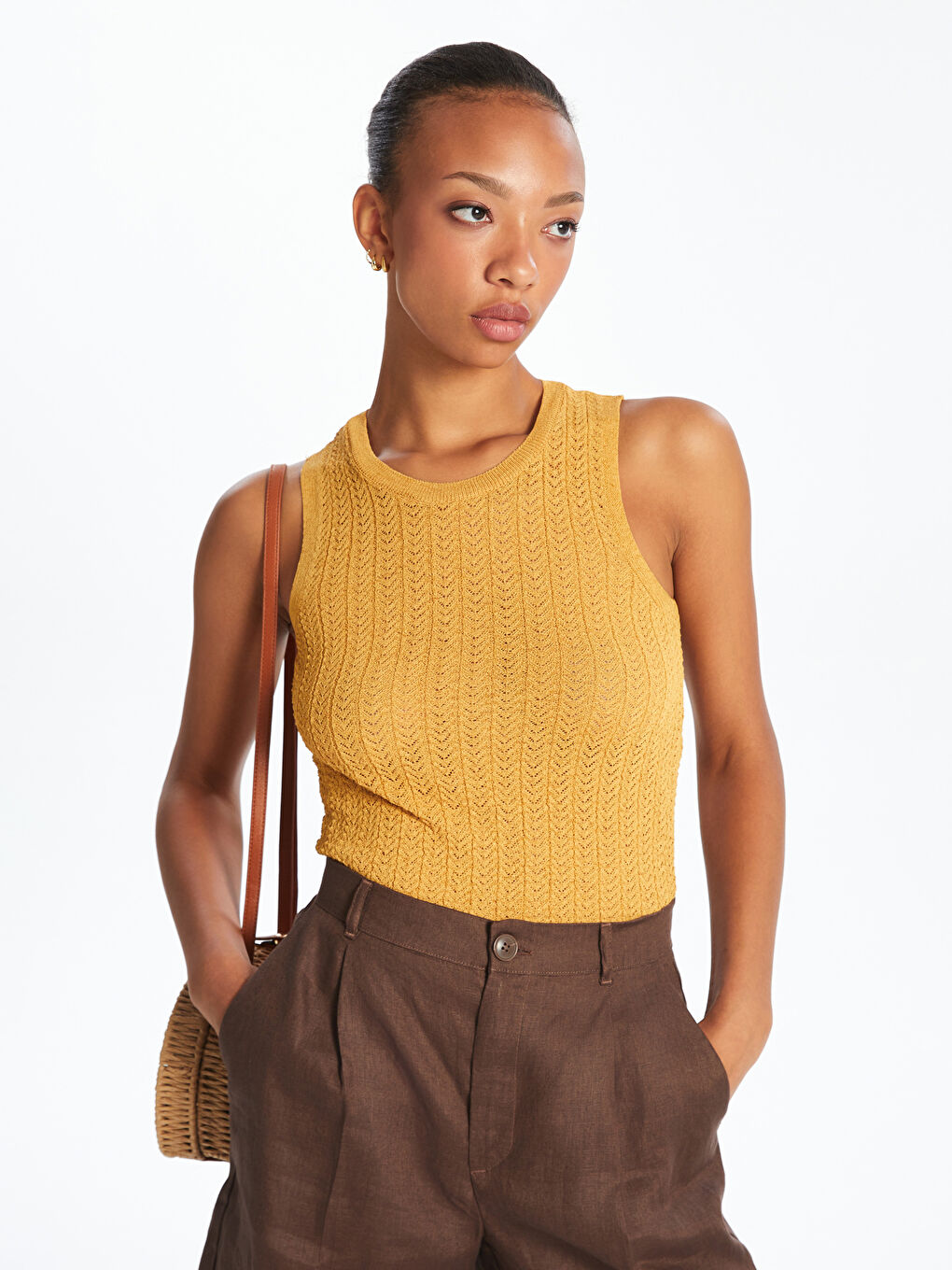 Sarı Bisiklet Yaka Kendinden Desenli Kadın Triko Atlet