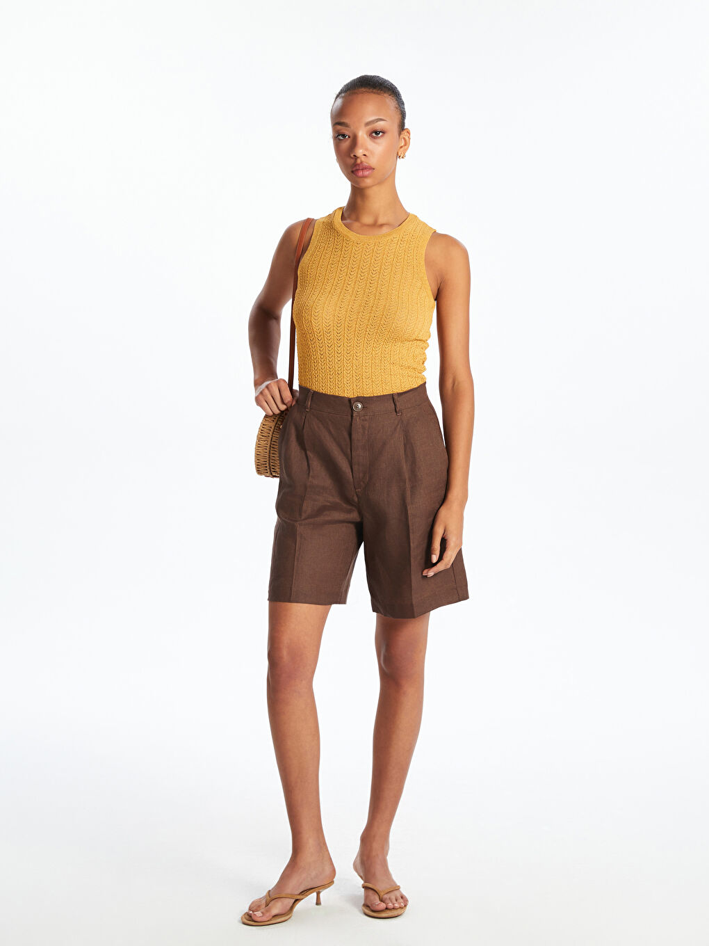 Sarı Bisiklet Yaka Kendinden Desenli Kadın Triko Atlet-1