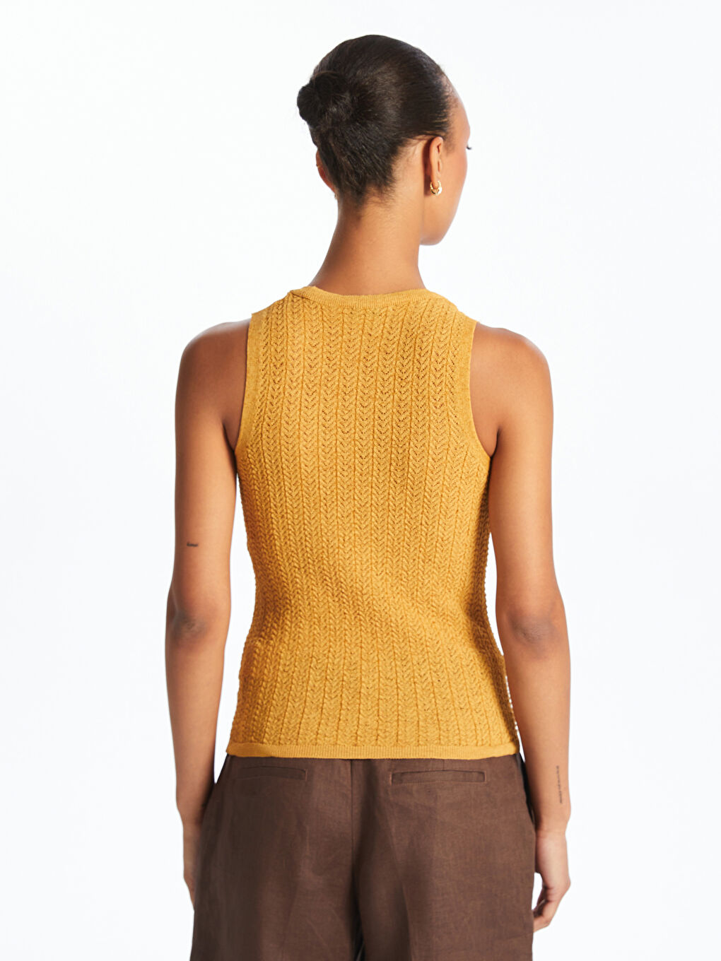 Sarı Bisiklet Yaka Kendinden Desenli Kadın Triko Atlet-3